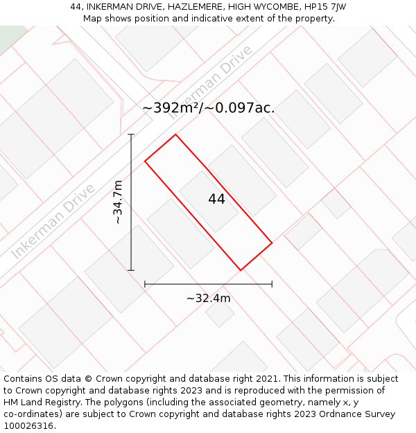 44, INKERMAN DRIVE, HAZLEMERE, HIGH WYCOMBE, HP15 7JW: Plot and title map