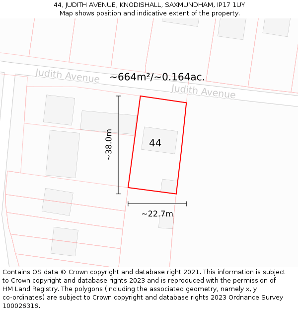 44, JUDITH AVENUE, KNODISHALL, SAXMUNDHAM, IP17 1UY: Plot and title map