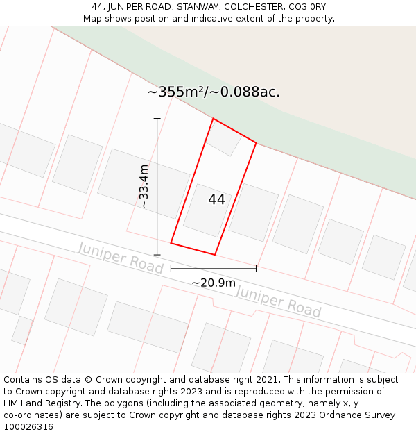 44, JUNIPER ROAD, STANWAY, COLCHESTER, CO3 0RY: Plot and title map