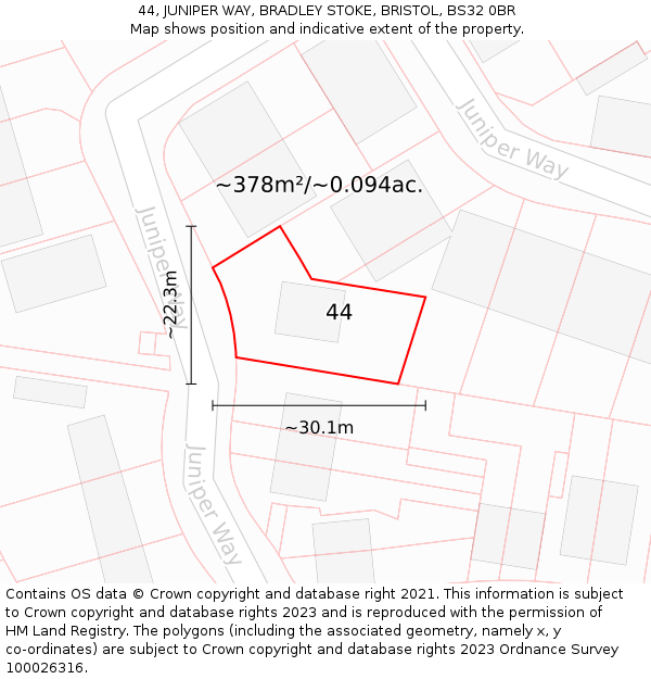 44, JUNIPER WAY, BRADLEY STOKE, BRISTOL, BS32 0BR: Plot and title map