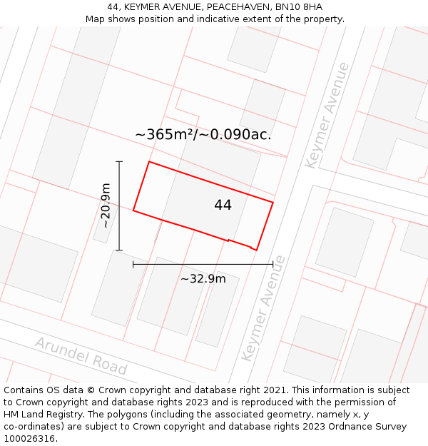 44, KEYMER AVENUE, PEACEHAVEN, BN10 8HA: Plot and title map