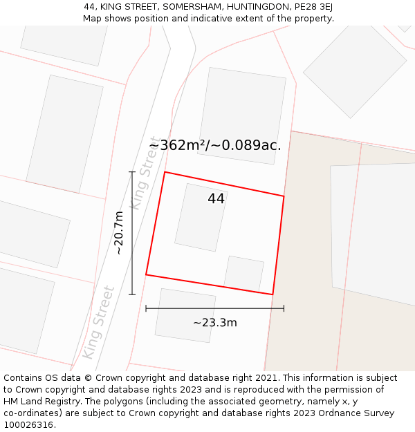 44, KING STREET, SOMERSHAM, HUNTINGDON, PE28 3EJ: Plot and title map