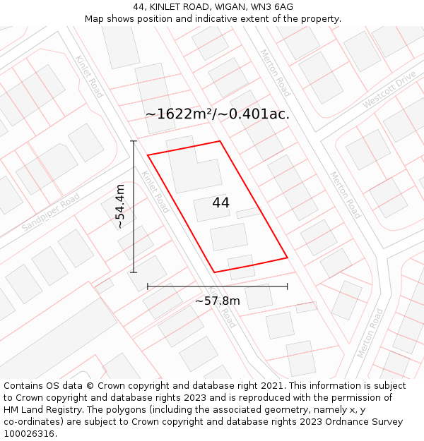 44, KINLET ROAD, WIGAN, WN3 6AG: Plot and title map