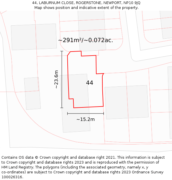44, LABURNUM CLOSE, ROGERSTONE, NEWPORT, NP10 9JQ: Plot and title map