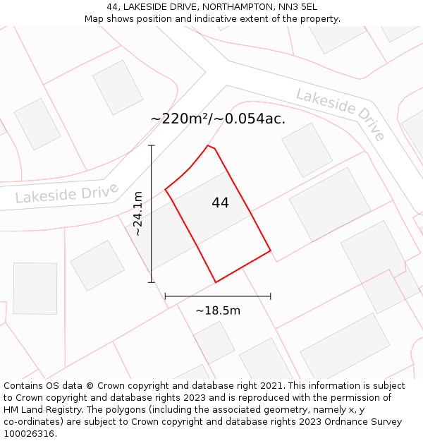 44, LAKESIDE DRIVE, NORTHAMPTON, NN3 5EL: Plot and title map