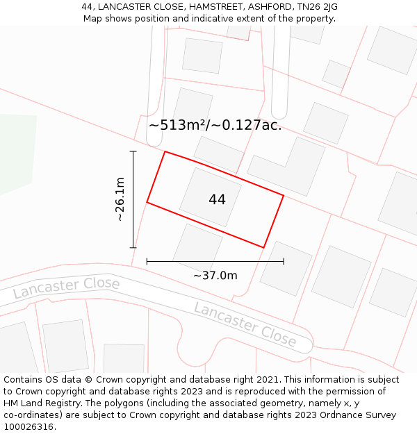 44, LANCASTER CLOSE, HAMSTREET, ASHFORD, TN26 2JG: Plot and title map