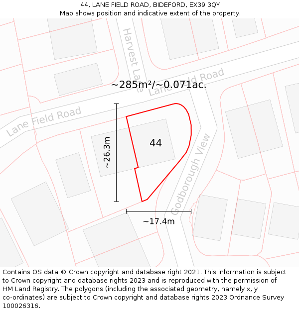 44, LANE FIELD ROAD, BIDEFORD, EX39 3QY: Plot and title map