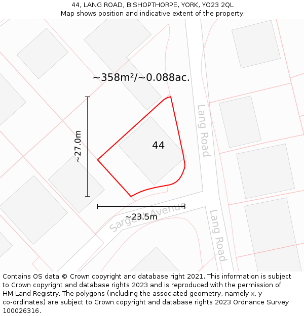 44, LANG ROAD, BISHOPTHORPE, YORK, YO23 2QL: Plot and title map