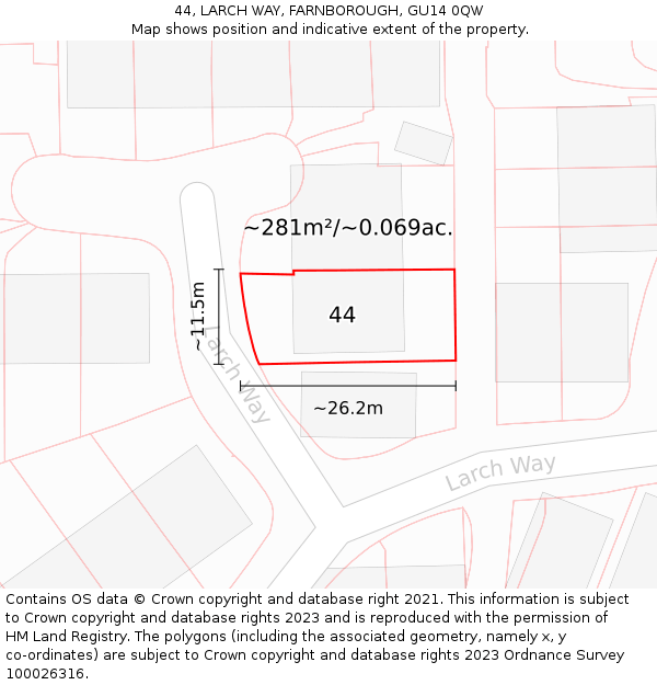 44, LARCH WAY, FARNBOROUGH, GU14 0QW: Plot and title map