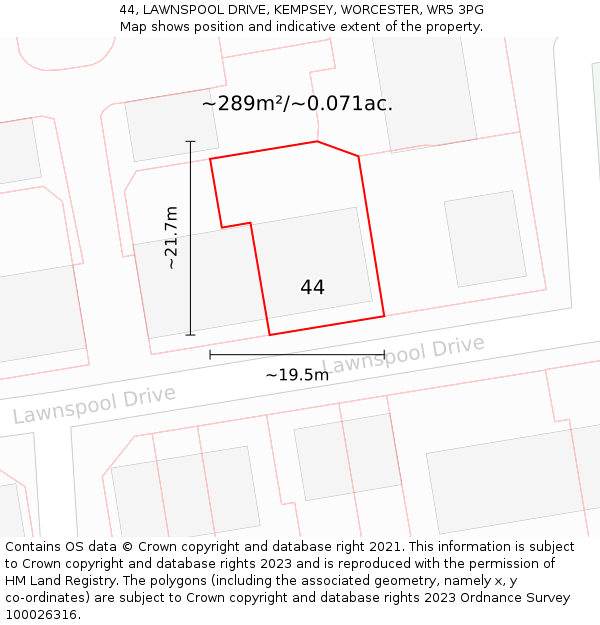 44, LAWNSPOOL DRIVE, KEMPSEY, WORCESTER, WR5 3PG: Plot and title map