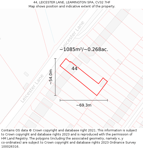 44, LEICESTER LANE, LEAMINGTON SPA, CV32 7HF: Plot and title map