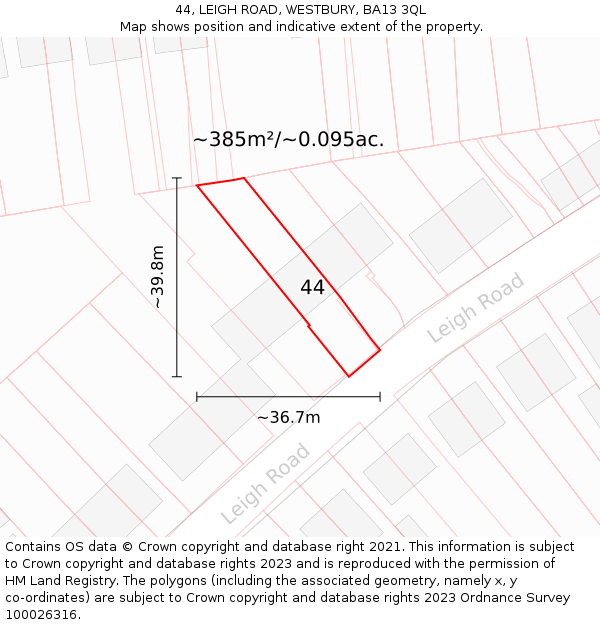 44, LEIGH ROAD, WESTBURY, BA13 3QL: Plot and title map