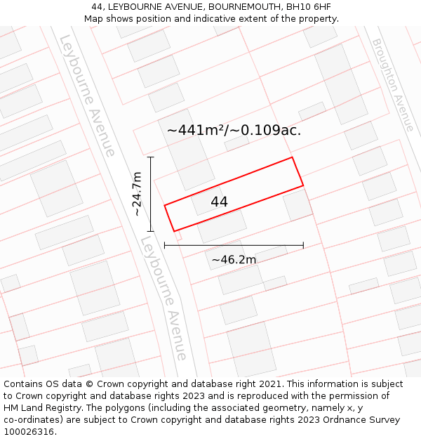 44, LEYBOURNE AVENUE, BOURNEMOUTH, BH10 6HF: Plot and title map