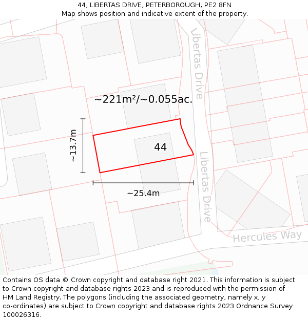 44, LIBERTAS DRIVE, PETERBOROUGH, PE2 8FN: Plot and title map