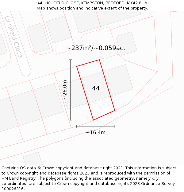 44, LICHFIELD CLOSE, KEMPSTON, BEDFORD, MK42 8UA: Plot and title map