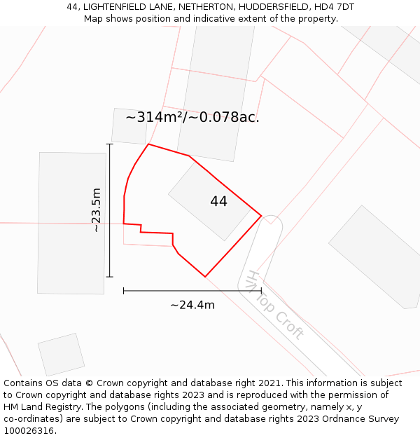 44, LIGHTENFIELD LANE, NETHERTON, HUDDERSFIELD, HD4 7DT: Plot and title map