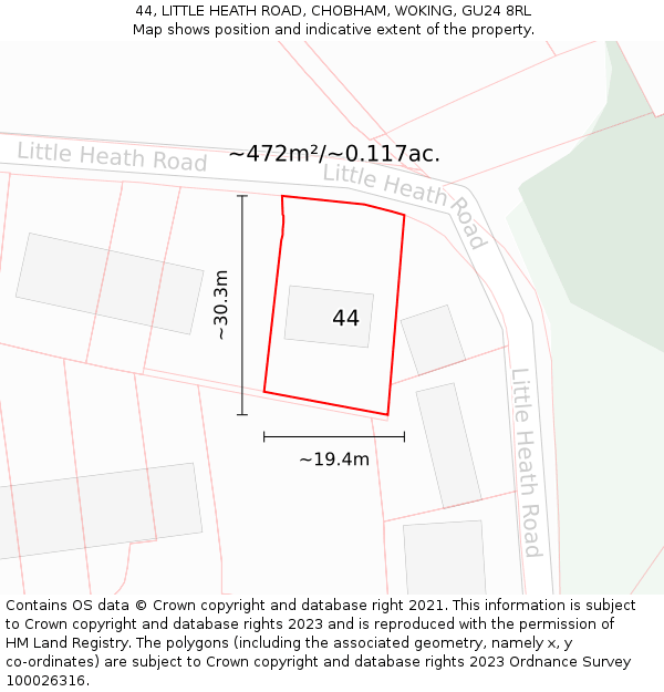 44, LITTLE HEATH ROAD, CHOBHAM, WOKING, GU24 8RL: Plot and title map