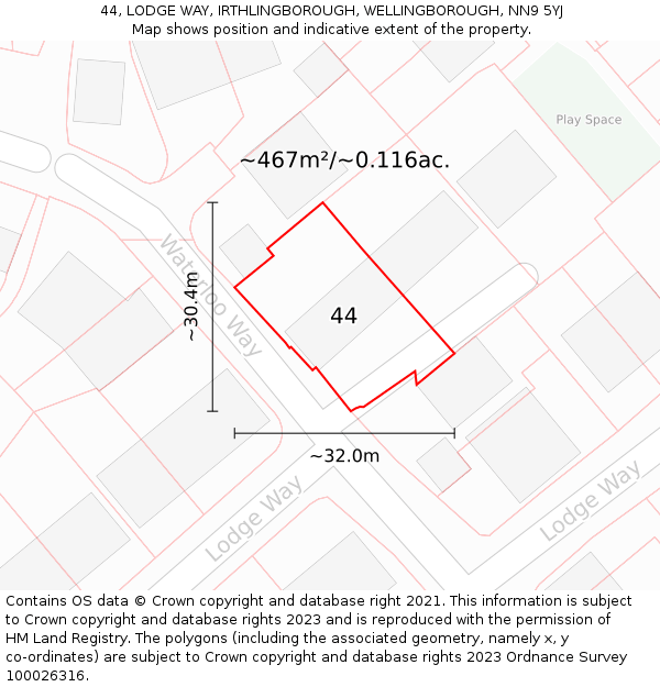 44, LODGE WAY, IRTHLINGBOROUGH, WELLINGBOROUGH, NN9 5YJ: Plot and title map