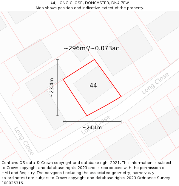 44, LONG CLOSE, DONCASTER, DN4 7PW: Plot and title map