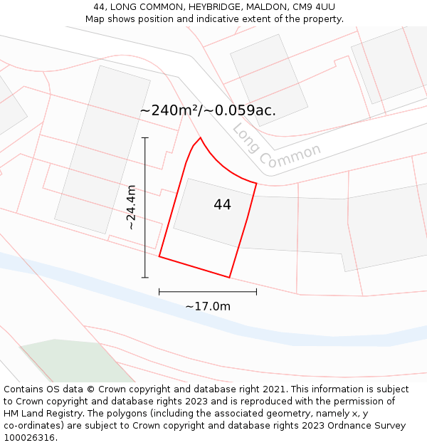 44, LONG COMMON, HEYBRIDGE, MALDON, CM9 4UU: Plot and title map