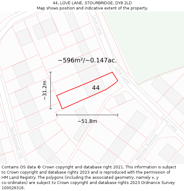 44, LOVE LANE, STOURBRIDGE, DY8 2LD: Plot and title map