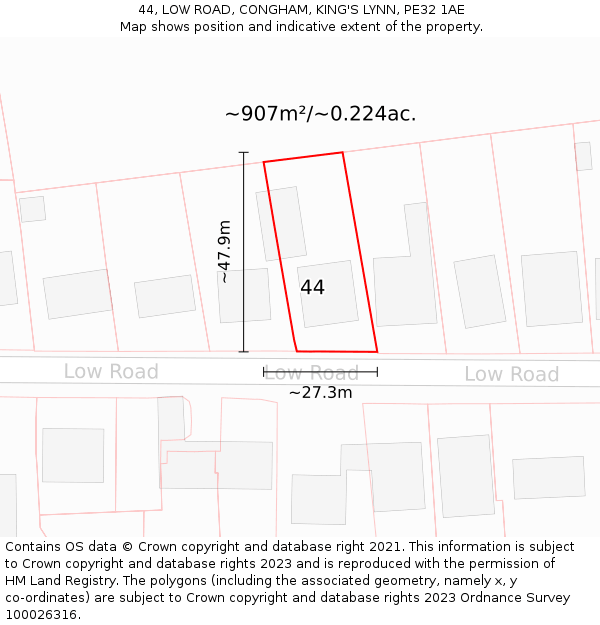 44, LOW ROAD, CONGHAM, KING'S LYNN, PE32 1AE: Plot and title map