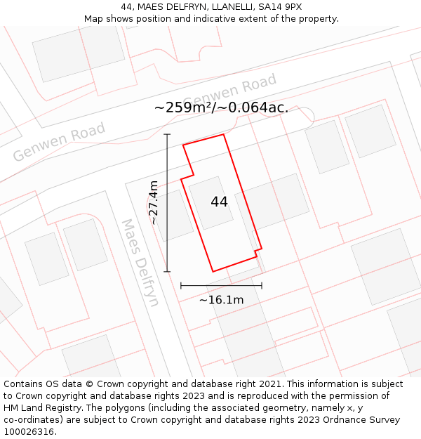 44, MAES DELFRYN, LLANELLI, SA14 9PX: Plot and title map