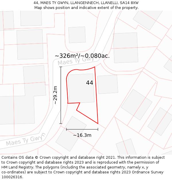 44, MAES TY GWYN, LLANGENNECH, LLANELLI, SA14 8XW: Plot and title map