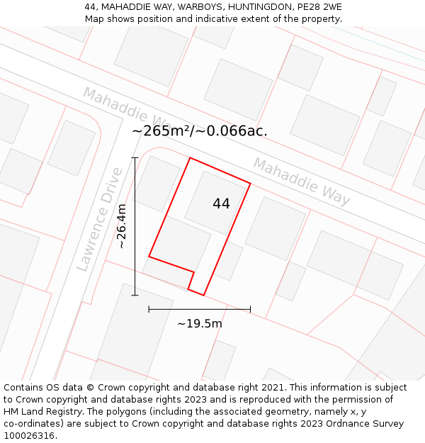 44, MAHADDIE WAY, WARBOYS, HUNTINGDON, PE28 2WE: Plot and title map