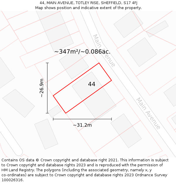 44, MAIN AVENUE, TOTLEY RISE, SHEFFIELD, S17 4FJ: Plot and title map