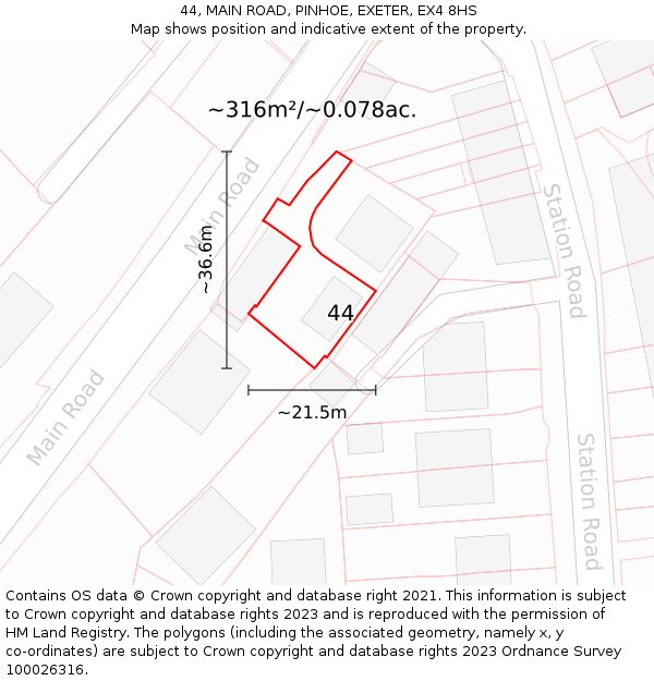 44, MAIN ROAD, PINHOE, EXETER, EX4 8HS: Plot and title map