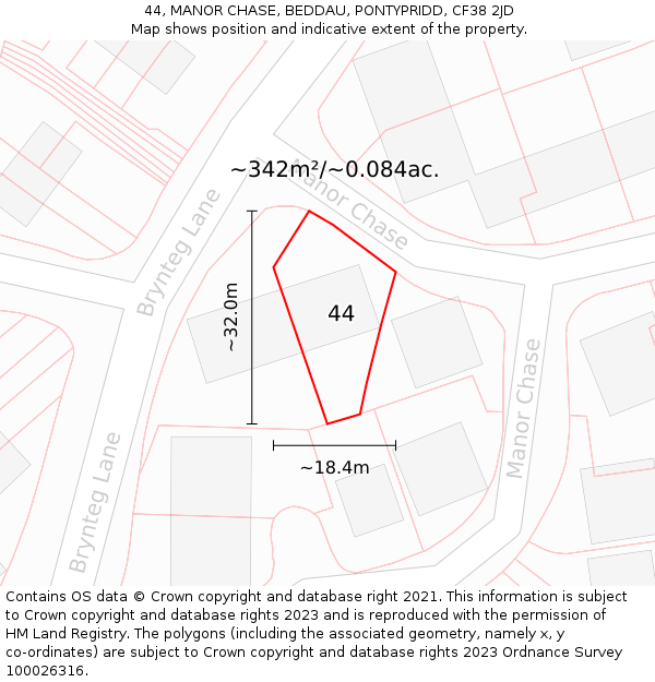 44, MANOR CHASE, BEDDAU, PONTYPRIDD, CF38 2JD: Plot and title map