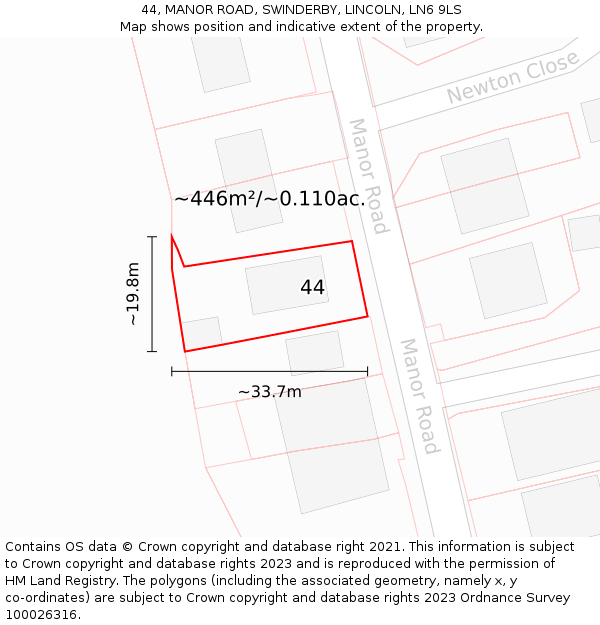 44, MANOR ROAD, SWINDERBY, LINCOLN, LN6 9LS: Plot and title map