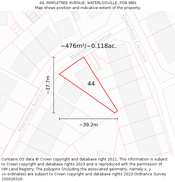 44, MAPLETREE AVENUE, WATERLOOVILLE, PO8 9BN: Plot and title map