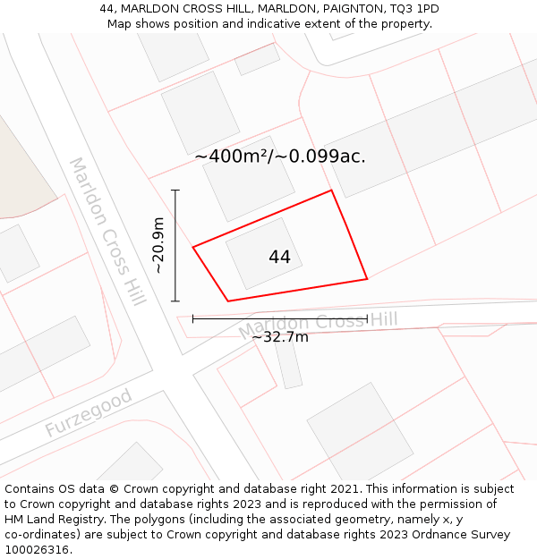 44, MARLDON CROSS HILL, MARLDON, PAIGNTON, TQ3 1PD: Plot and title map