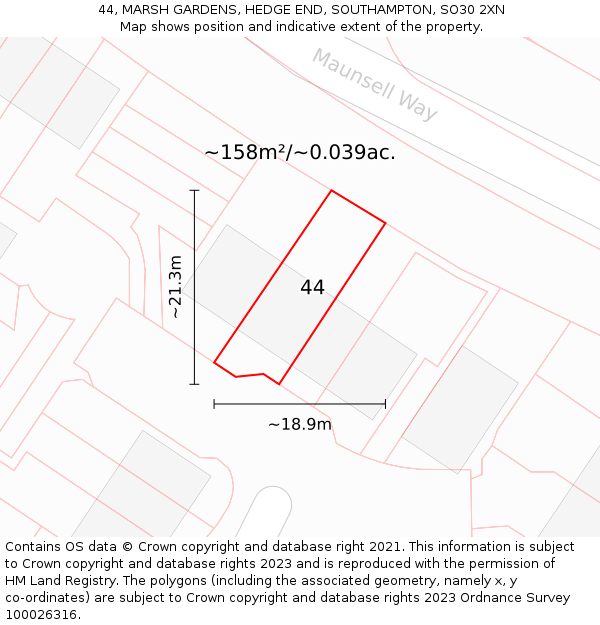 44, MARSH GARDENS, HEDGE END, SOUTHAMPTON, SO30 2XN: Plot and title map