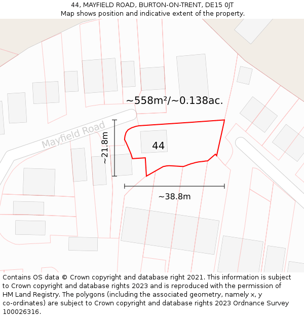 44, MAYFIELD ROAD, BURTON-ON-TRENT, DE15 0JT: Plot and title map