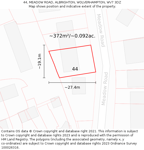 44, MEADOW ROAD, ALBRIGHTON, WOLVERHAMPTON, WV7 3DZ: Plot and title map