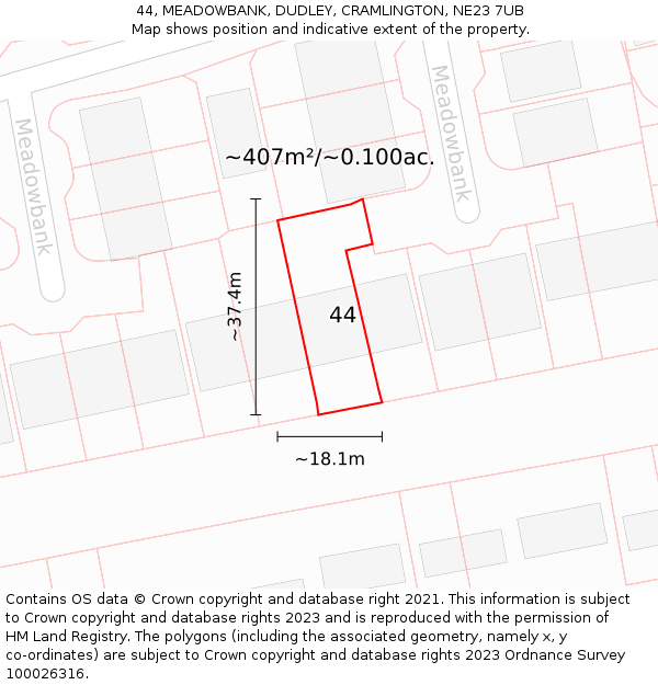 44, MEADOWBANK, DUDLEY, CRAMLINGTON, NE23 7UB: Plot and title map