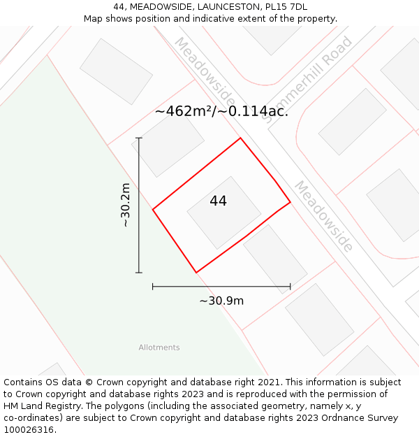 44, MEADOWSIDE, LAUNCESTON, PL15 7DL: Plot and title map