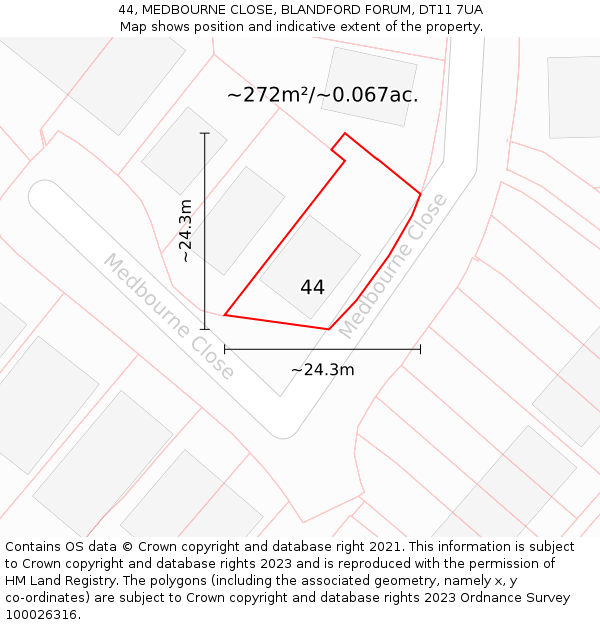 44, MEDBOURNE CLOSE, BLANDFORD FORUM, DT11 7UA: Plot and title map