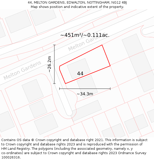 44, MELTON GARDENS, EDWALTON, NOTTINGHAM, NG12 4BJ: Plot and title map