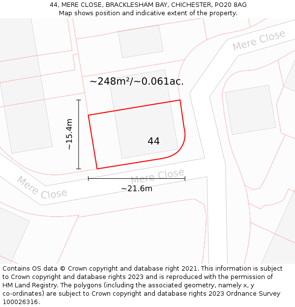 44, MERE CLOSE, BRACKLESHAM BAY, CHICHESTER, PO20 8AG: Plot and title map