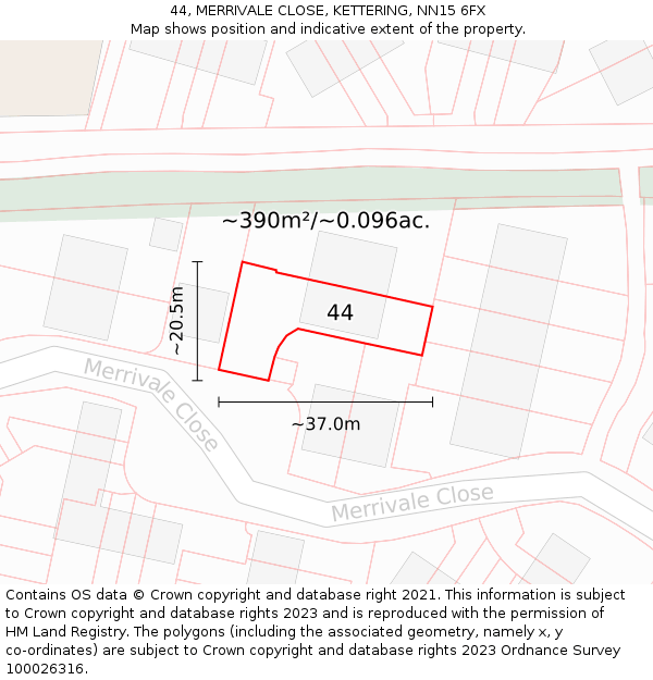 44, MERRIVALE CLOSE, KETTERING, NN15 6FX: Plot and title map