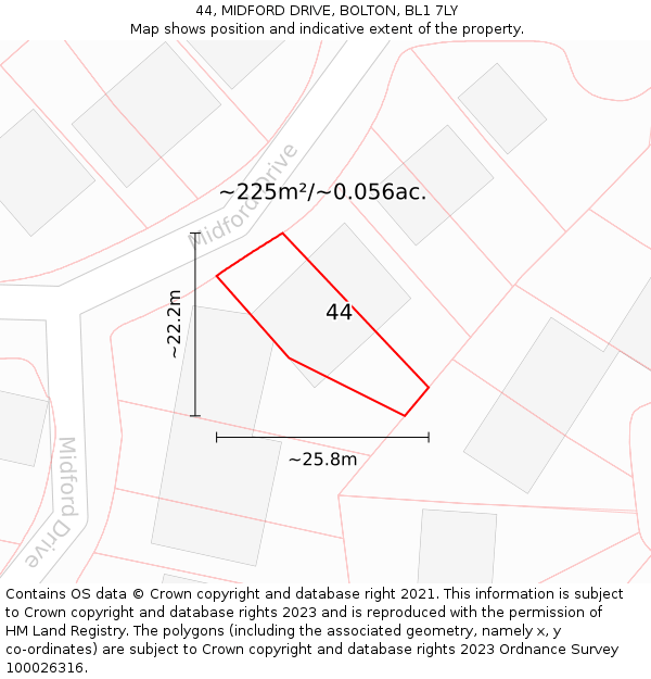 44, MIDFORD DRIVE, BOLTON, BL1 7LY: Plot and title map