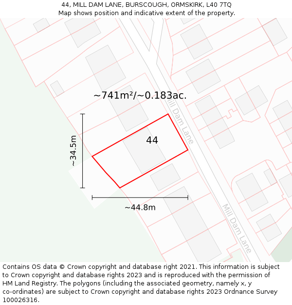 44, MILL DAM LANE, BURSCOUGH, ORMSKIRK, L40 7TQ: Plot and title map