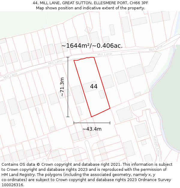 44, MILL LANE, GREAT SUTTON, ELLESMERE PORT, CH66 3PF: Plot and title map