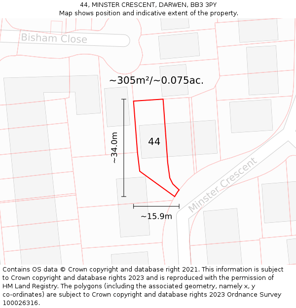 44, MINSTER CRESCENT, DARWEN, BB3 3PY: Plot and title map