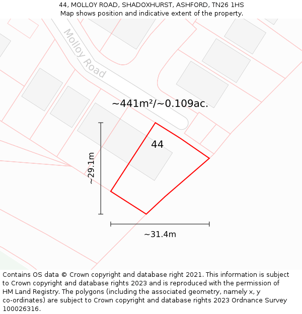 44, MOLLOY ROAD, SHADOXHURST, ASHFORD, TN26 1HS: Plot and title map