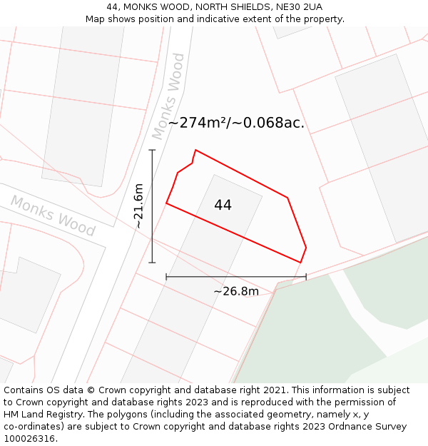 44, MONKS WOOD, NORTH SHIELDS, NE30 2UA: Plot and title map